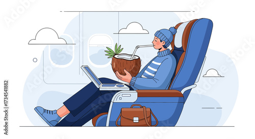 Cartoon illustration of a man enjoying a coconut drink while traveling by airplane in style