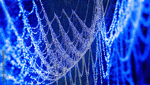Real Ristic photo, Abstract blue background with interweaving of colored dots and lines, Wave of dots and weave lines, Abstract background, Network connection structure