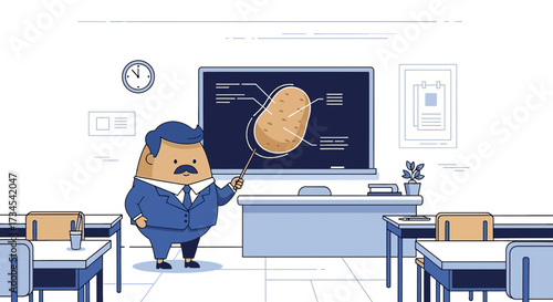 Cartoon teacher explaining potato anatomy in classroom a fun and educational concept illustration