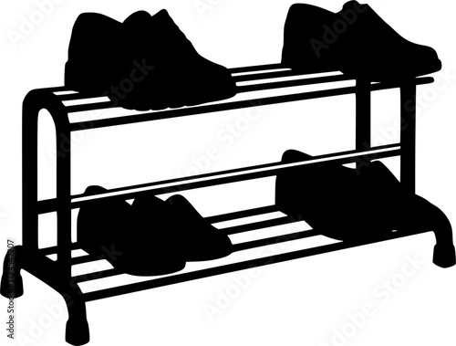 Two pairs of black shoes on a two tier shoe rack with a clean white background silhouette isolated on white background