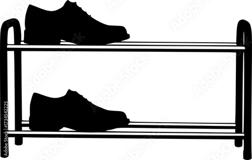 Two pairs of black shoes on a two tier shoe rack with a clean white background silhouette isolated on white background