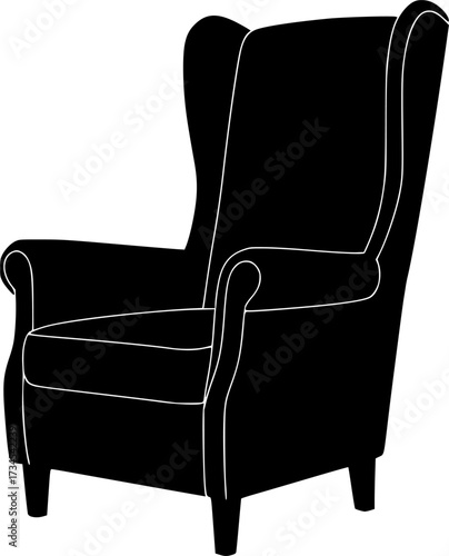 Classic wingback armchair silhouette isolated on white background