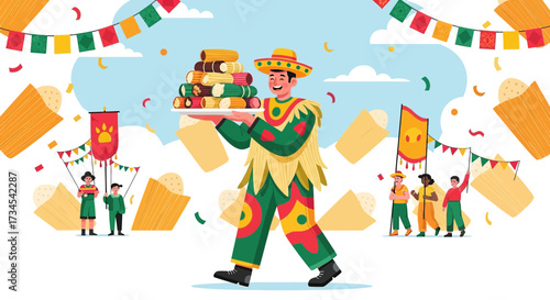 Celebrating Mexican Culture: Festive Parade with Tamales and Traditional Attire Illustration