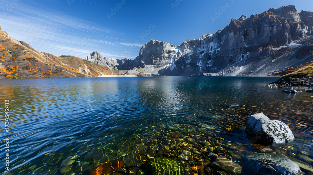Obraz premium The Changbaishan Tianchi: A Majestic Volcanic Crater Lake on the China-North Korea Border in Jilin, China—Boasting Crystal-Clear Blue Water, Surrounded by Snow-Capped Peaks & Coniferous Forests, Ideal