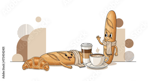 Charming cartoon illustration featuring delightful bread characters enjoying coffee together warm