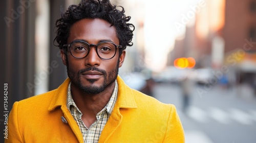Portrait of a handsome African American man with glasses and a yellow jacket. He is standing outside on a street in New York City during the daytime