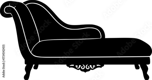 Elegant black chaise lounge silhouette with ornate curves isolated on white background