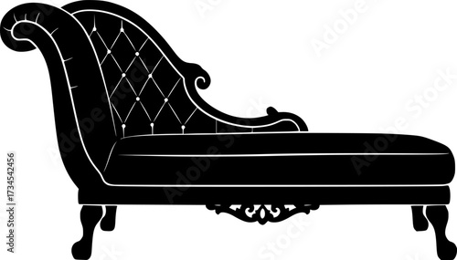 Elegant black chaise lounge silhouette with ornate curves isolated on white background