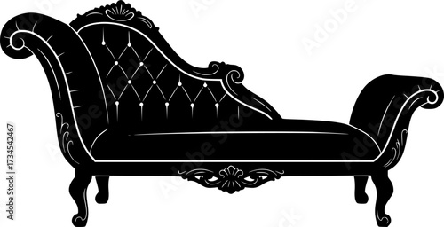 Elegant black chaise lounge silhouette with ornate curves isolated on white background