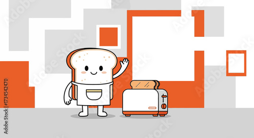 Charming illustration of anthropomorphic toast waving beside a classic toaster appliance ready for