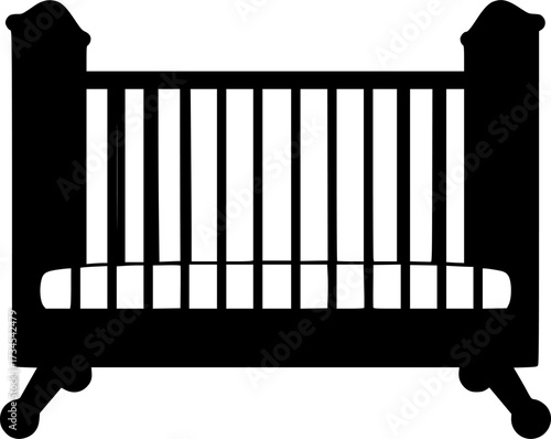 Classic black silhouette of a baby crib isolated on white background