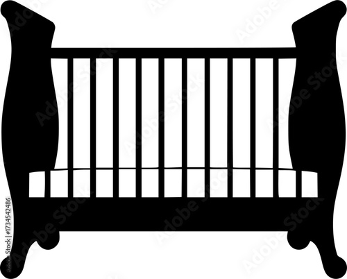 Classic black silhouette of a baby crib isolated on white background