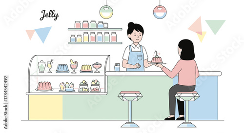 Charming illustration of a delightful jelly shop experience with a friendly server and customer