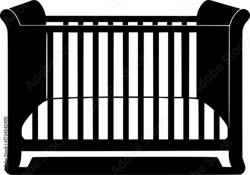Classic black silhouette of a baby crib isolated on white background
