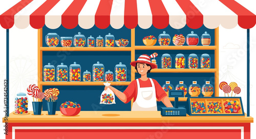 Charming candy store with a friendly vendor offering colorful sweets and tempting treats for
