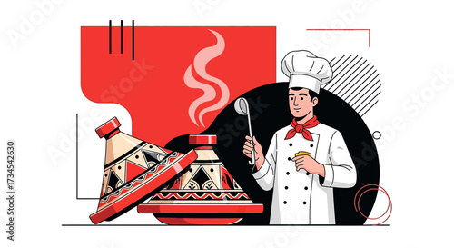 Cheerful chef preparing traditional moroccan tagine in a modern kitchen illustration