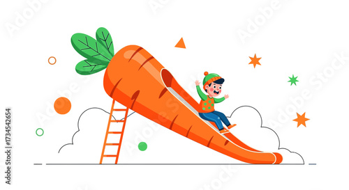 Cheerful Child's Playtime Adventure: Cartoon Boy Slides Down a Giant Carrot Slide having fun