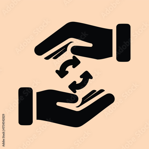 Two hands exchanging currency with arrows indicating transfer or exchange process in a symbolic manner