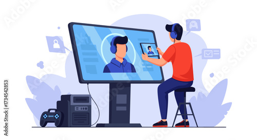 Illustration of a gamer streaming online with headset and tablet showing live video game streaming setup