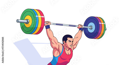 Illustration of weightlifter performing overhead press exercise for strength training and fitness routine