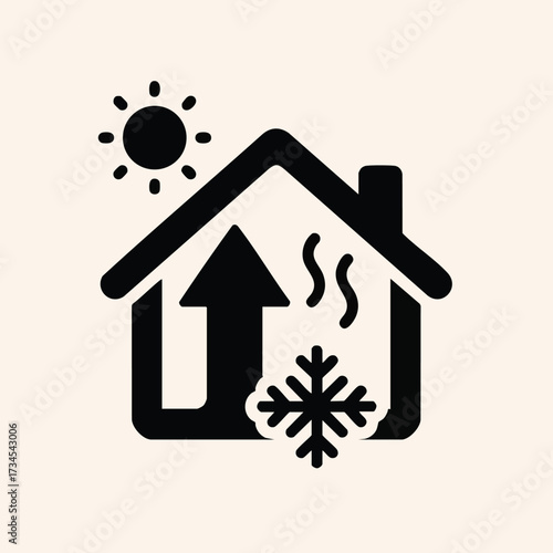 House with heating system, snowflake, and sun symbol indicating winter heating and energy efficiency