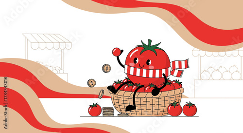 Cheerful tomato character sitting in a basket surrounded by market stalls and coins, vibrant and