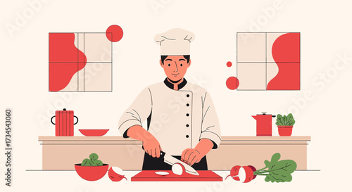 Chef preparing a dish in the kitchen, illustration of a man cooking vegetables in a bright kitchen