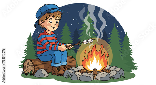Boy camping roasting marshmallows campfire outdoor adventure nature scene cartoon illustration vector graphic
