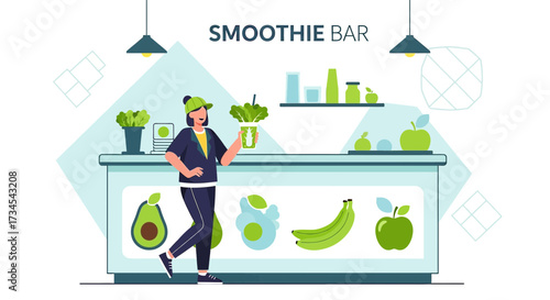 Colorful Smoothie Bar Illustration with Healthy Ingredients and Modern Design Elements