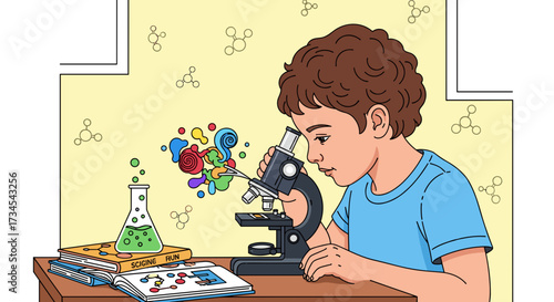 Young boy scientist using microscope for science experiment in laboratory learning and education at home fun