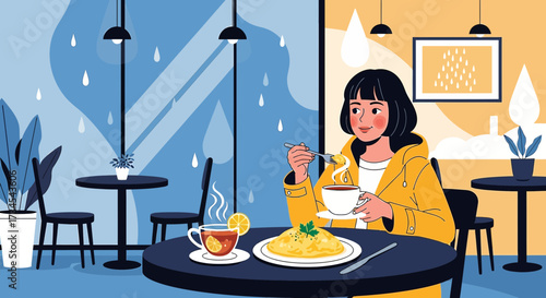 Cozy rainy day at the cafe with a woman enjoying tea and pasta under the soft light of a lamp and
