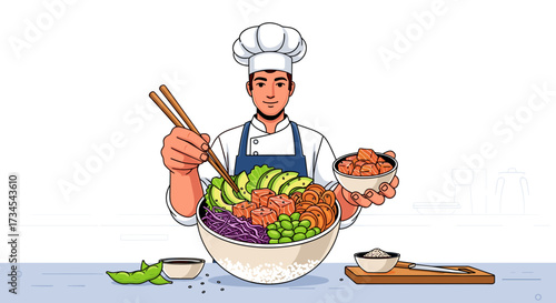 Chef preparing healthy poke bowl with fresh ingredients avocado salmon edamame cabbage and carrots for lunch
