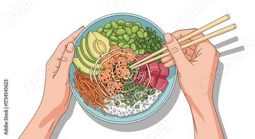 Delicious poke bowl with fresh ingredients salmon tuna avocado edamame carrots and chopsticks top view healthy food