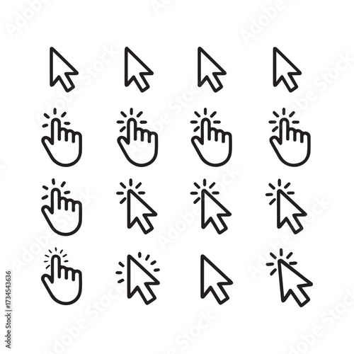 Set of Arrow and Hand Cursor Icons: Click, Tap, Select Symbols
