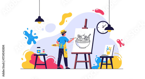 Creative artist illustrating a dessert artwork on canvas in a colorful studio setting