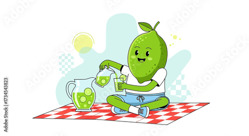 Cute lime cartoon character pouring lemonade on a picnic blanket on a sunny day