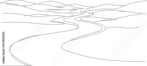 Simple Outline Drawing of Landscape Scenery with River and Hills Illustration