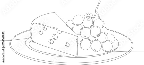 Line Art Delicious Cheese with Grape on Plate Food Illustration