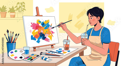 Creative artist painting on canvas while enjoying a refreshing bubble tea in the studio