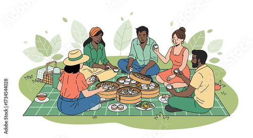 Diverse group of friends enjoying a picnic with dim sum in a lush outdoor setting