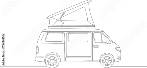 Outline Single Line Art Campervan with Pop Top Roof Illustration