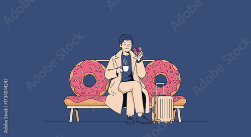 Donut themed break: Stylish traveler enjoying coffee and a donut on a playful bench