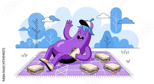 Eggplant character enjoying a picnic with sandwiches in a cheerful and whimsical scene