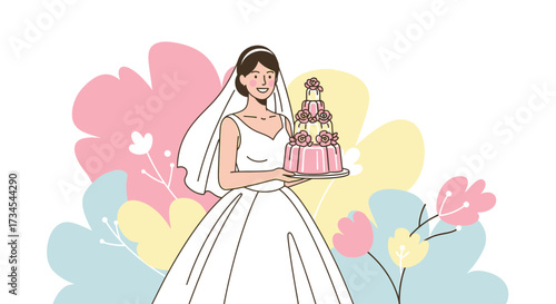 Elegant bride holding wedding cake illustration with floral pastel background design