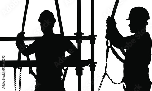 Silhouettes of construction workers on scaffolding with safety harness and helmet, protective equipment, fall prevention, high-rise building site labor safety illustration