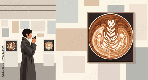 Elegant coffee art gallery showcasing latte art and appreciation in a minimalist style