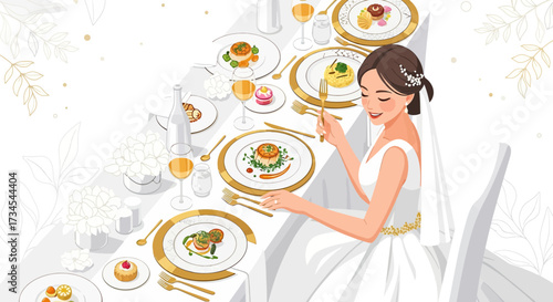 Elegant Bride Enjoying Wedding Feast at Beautifully Decorated Table with Delicious Food