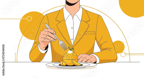 Elegant diner enjoying dessert with stylish design and minimalist presentation, a sweet moment