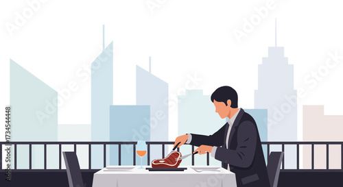 Elegant dining in the city: a man enjoying steak with a panoramic cityscape view experience