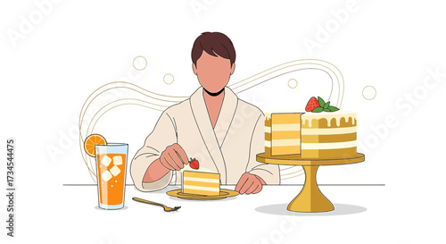 Elegant enjoyment of cake with a refreshing orange drink, vector style illustration